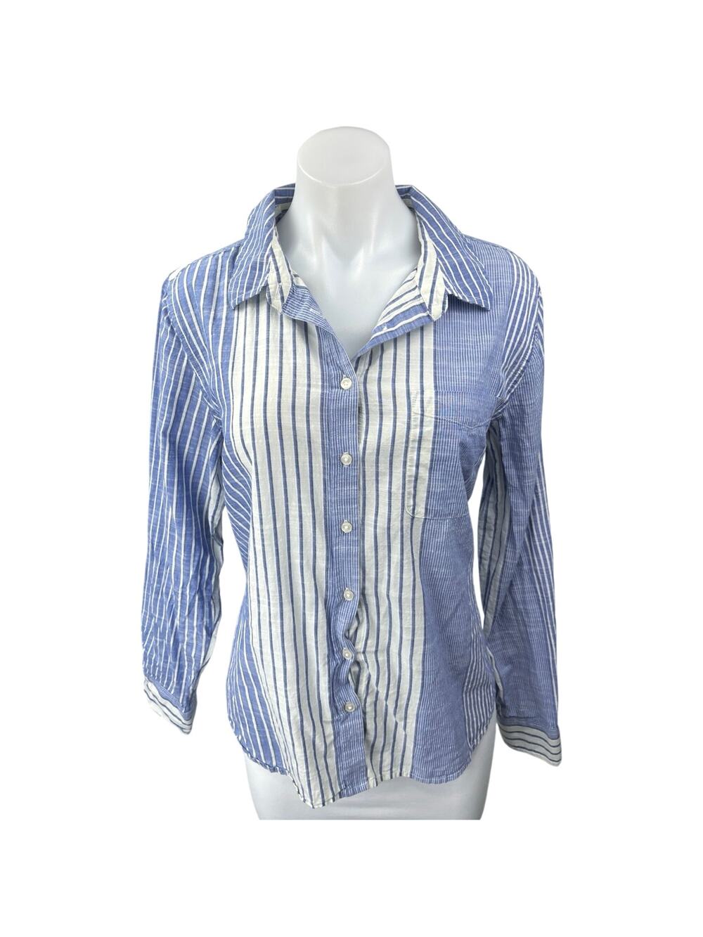 Lucky Brand Women's Blue White Striped Colorblock Button Down Shirt Top Size M